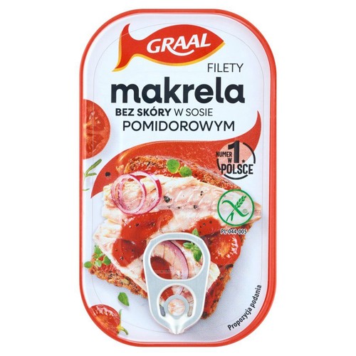 Puszka filetów makreli Graal bez skóry w sosie pomidorowym. Na etykiecie sugestia podania i symbol bezglutenowy.