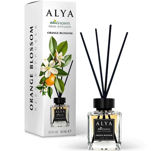 Produkt ALYA: dyfuzor zapachowy 100 ml o aromacie Kwiatu Pomarańczy. Widoczna butelka z patyczkami i pudełko z grafiką.