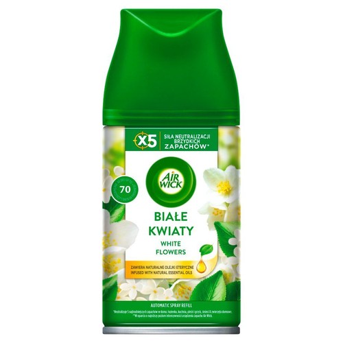 Air Wick wkład automatyczny Białe Kwiaty. Neutralizuje brzydkie zapachy, zawiera naturalne olejki eteryczne. Działa do 70 dni.