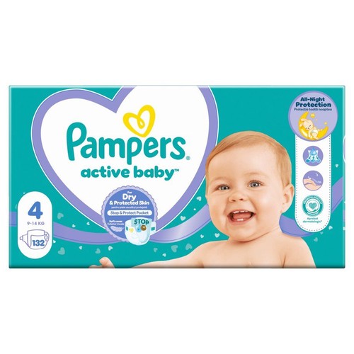 Duże opakowanie pieluszek Pampers Active Baby, rozmiar 4, 132 sztuki. Widoczny napis "All-Night Protection" i grafika dziecka.