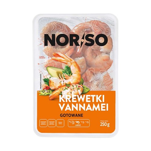 Przezroczyste opakowanie krewetek Vannamei gotowanych NORSO, 250 g. Na etykiecie widnieje logo NORSO, nazwa produktu oraz informacja o masie netto. Jest też grafika z krewetkami, awokado i ziołami, oznaczona jako propozycja podania.