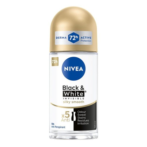 NIVEA Silky Smooth roll-on dla kobiet, 50 ml. Przezroczysta butelka, złota nakrętka, 72h ochrona.