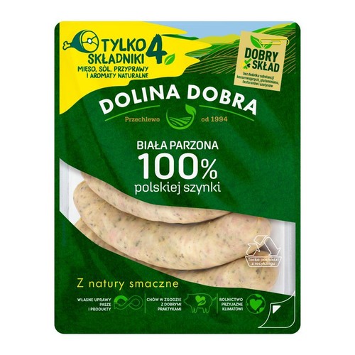 Opakowanie kiełbasy białej parzonej Dolina Dobra. Zawiera 100% polskiej szynki, bez konserwantów. Widoczne 3 kiełbaski.