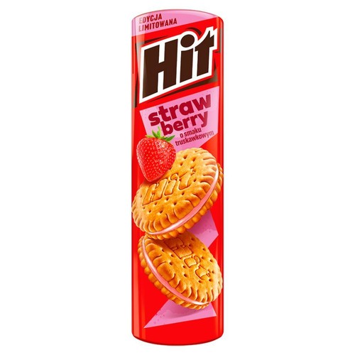 Czerwone opakowanie ciastek Hit Edycja Limitowana o smaku truskawkowym. Na opakowaniu grafika truskawki i dwóch ciastek z różowym nadzieniem.