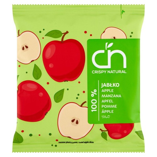 Zielona torebka Crispy Natural z napisem "Jabłko". Zawiera suszone plastry jabłek. Ozdobiona grafiką jabłek.