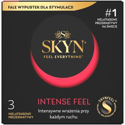 Opakowanie 3 nielateksowych prezerwatyw SKYN Intense Feel z wypustkami dla stymulacji. Zapewniają intensywne wrażenia.