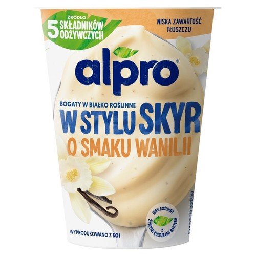 Alpro W Stylu Skyr o smaku wanilii. Roślinny, bogaty w białko, niska zawartość tłuszczu. Z żywymi kulturami bakterii.