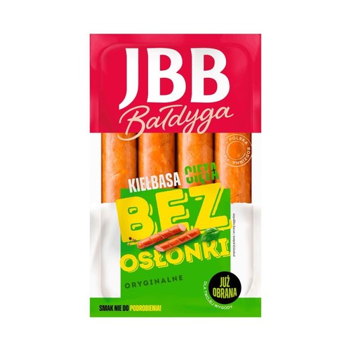 Opakowanie kiełbasy cienkiej JBB Bałdyga Bez Osłonki. Czerwono-zielone opakowanie z widocznymi czterema kiełbaskami.