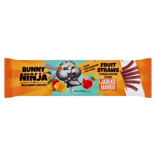 Przekąska owocowa Bunny Ninja Fruit Straws, jabłko-mango. Opakowanie z królikiem ninja, jabłkiem i mango.