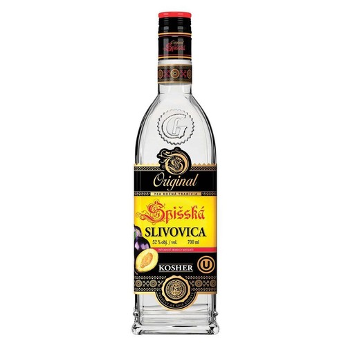 Butelka Spišská Slivovica Original o pojemności 700 ml i zawartości alkoholu 52%. Na czarno-żółtej etykiecie widnieją grafiki śliwek, informacja o 700 latach tradycji oraz certyfikat Kosher.