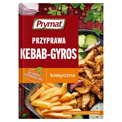 Prymat Przyprawa Kebab-Gyros. Czerwono-pomarańczowe opakowanie z obrazkiem gotowego dania.