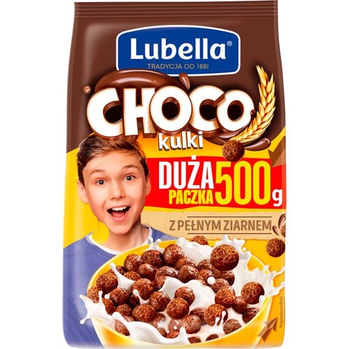 Opakowanie płatków śniadaniowych Lubella Choco Kulki 500g. Grafika przedstawia radosnego chłopca i miskę czekoladowych kulek zbożowych z mlekiem. Produkt reklamowany jako "Z pełnym ziarnem". Marka z tradycją od 1881.