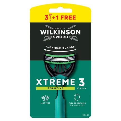 Blister Wilkinson Sword Xtreme 3 Sensitive, 4 maszynki. Opakowanie w kolorach żółtym, czarnym i zielonym, z informacją o elastycznych ostrzach.