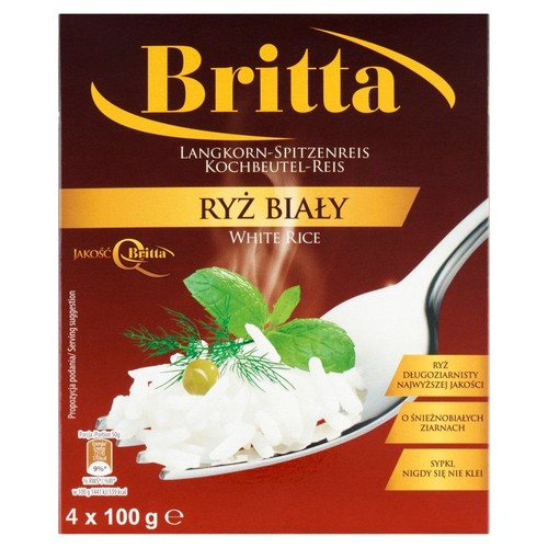 Brązowe opakowanie ryżu Britta, biały długoziarnisty, 400g. Na opakowaniu grafika ryżu z zielonymi ziołami.