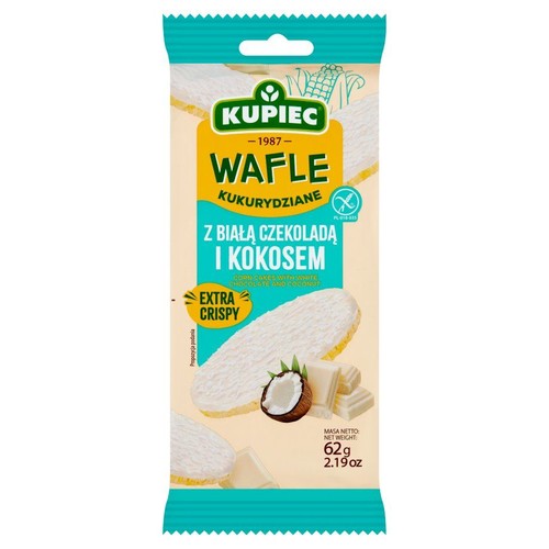 Biało-turkusowe opakowanie wafli kukurydzianych Kupiec z białą czekoladą i kokosem, 62g.