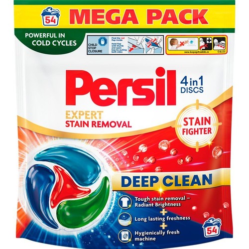 Opakowanie Persil 4in1 DISCS Deep Clean, 54 kapsułki do prania. Skuteczny w zimnych cyklach, usuwa plamy.
