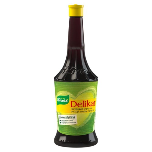 Knorr Delikat, przyprawa w płynie do zup, sosów i sałatek. Produkt w ciemnej butelce z zieloną etykietą w kształcie serca i żółtą zakrętką. Etykieta informuje o doskonałym smaku i braku konserwantów.