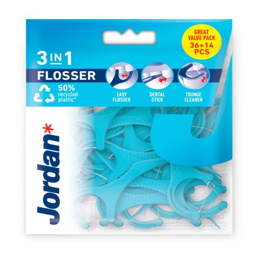 Jordan 3w1 Flosser, wykałaczka dentystyczna i czyścik do języka. Opakowanie zawiera 50 sztuk, wykonanych w 50% z plastiku z recyklingu.