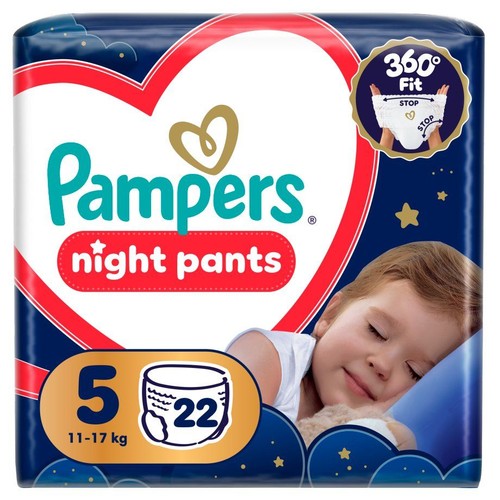 Opakowanie Pampers Night Pants, rozmiar 5, 11-17 kg, 22 sztuki. Na opakowaniu śpiące dziecko i gwiazdki.