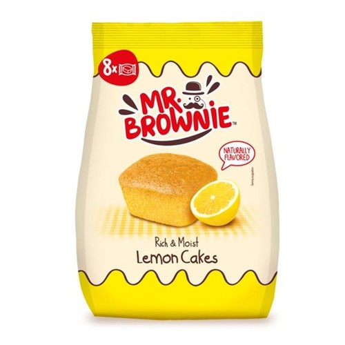 Żółto-kremowe opakowanie Mr. Brownie Lemon Cakes, zawierające 8 sztuk. Na froncie opakowania widnieje grafika złotego ciastka cytrynowego oraz świeżej, przekrojonej na pół cytryny, sugerująca naturalny aromat.