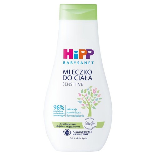 Biała butelka mleczka do ciała HiPP Babysanft Sensitive 350 ml. Ma zieloną nakrętkę i etykietę z logo oraz grafiką drzewa.