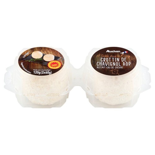 Opakowanie 2 serów kozich Crottin de Chavignol AOP Auchan, z surowego mleka, waga 120g.