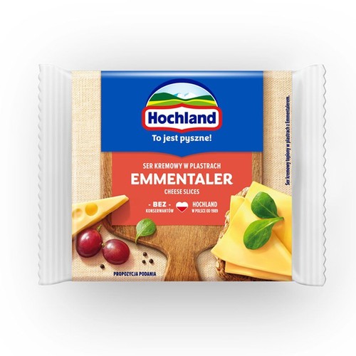 Opakowanie sera Hochland Emmentaler w plastrach. Ser kremowy, bez konserwantów.