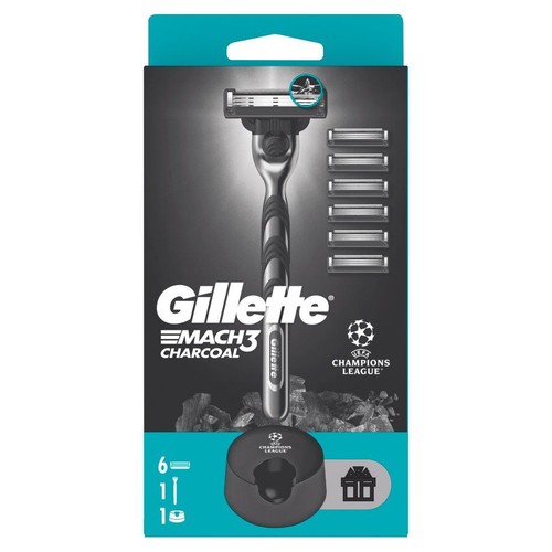 Zestaw do golenia Gillette Mach3 Charcoal. Zawiera maszynkę, 6 ostrzy wymiennych i podstawkę.