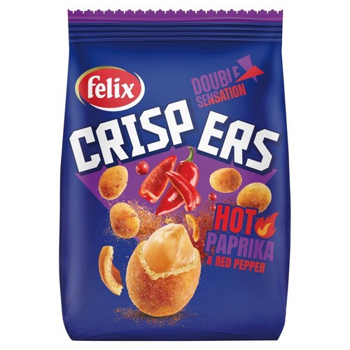 Granatowe opakowanie chrupek Felix Crispers o smaku Ostrej Papryki i Czerwonej Papryki. Na froncie widnieje nazwa "Double Sensation". Grafika przedstawia chrupki w panierce, czerwone papryczki chili oraz rozsypaną przyprawę paprykową.