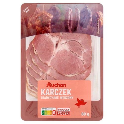 Opakowanie wędzonego karczku Auchan, 80 g. Produkt Polski, tradycyjnie wędzony.