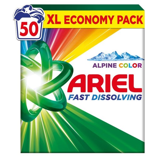 Opakowanie proszku do prania Ariel Alpine Color, szybko rozpuszczalny, na 50 prań. Opakowanie ekonomiczne XL.