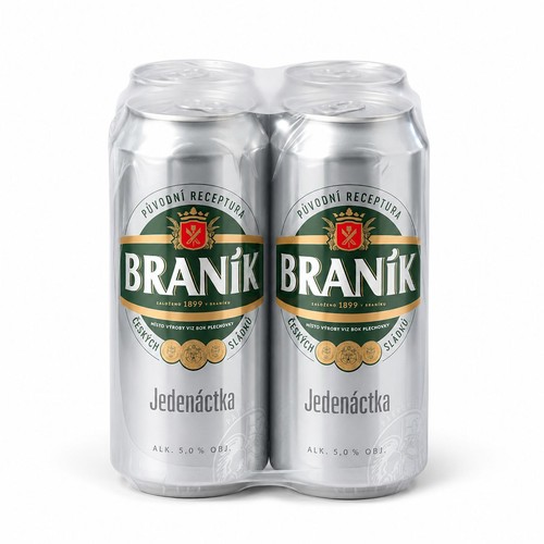 Czteropak piwa Braník Jedenáctka, 5.0% alkoholu, w srebrnych puszkach.