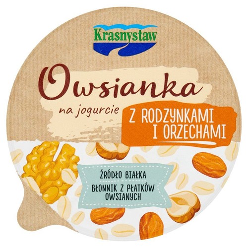 Opakowanie owsianki Krasnystaw na jogurcie. Z rodzynkami i orzechami. Źródło białka i błonnika.