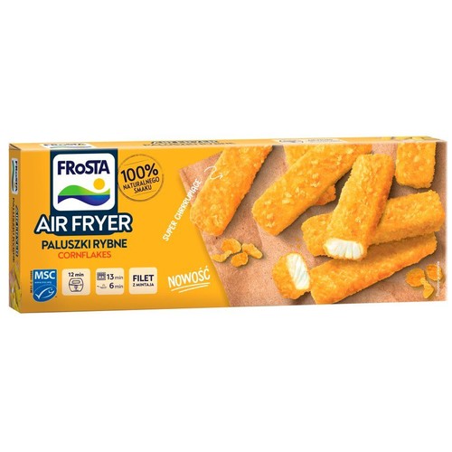 Opakowanie Frosta Air Fryer Paluszki Rybne Cornflakes. Na pudełku złociste paluszki rybne, jeden przekrojony, z napisem "Super Chrupiące".