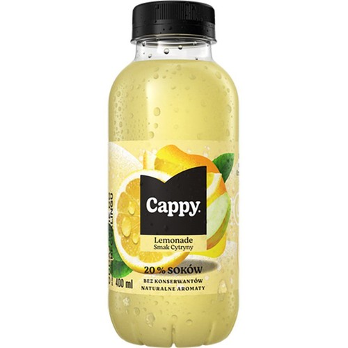 Przezroczysta butelka napoju Cappy Lemonade o smaku cytrynowym, pojemność 400 ml. Na etykiecie widnieje nazwa produktu, informacja o 20% soku, braku konserwantów i naturalnych aromatach. Grafika przedstawia świeże cytryny.