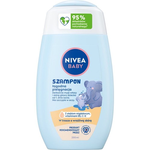 Szampon NIVEA BABY Łagodna Pielęgnacja 200 ml w jasnoniebieskiej butelce. Zawiera 95% składników naturalnych. Dla wrażliwej skóry dziecka.