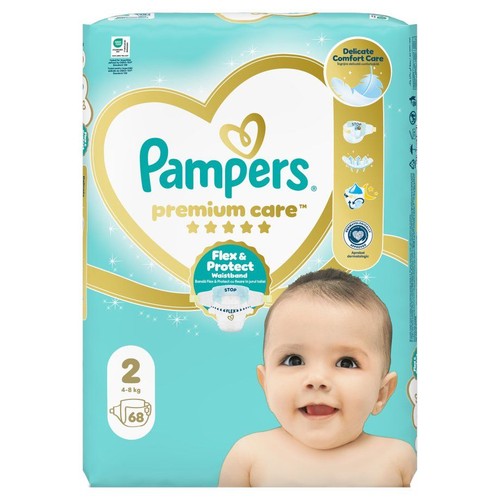 Pieluszki Pampers Premium Care, rozmiar 2, 68 sztuk. Opakowanie turkusowe ze złotym sercem i napisem Pampers na froncie.