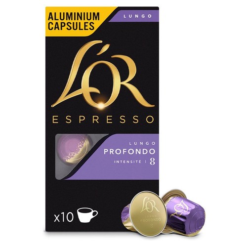 Kawa L'OR Espresso Lungo Profondo w czarnym pudełku. W zestawie 10 aluminiowych kapsułek, intensywność 8.