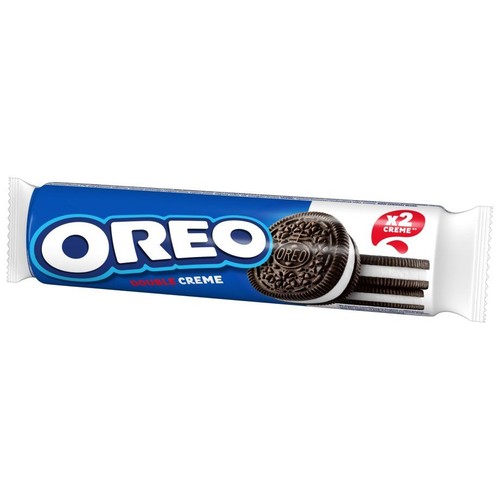 Niebiesko-białe opakowanie ciastek Oreo z napisem "Double Creme". Widoczne ciastko z podwójną warstwą białego kremu.