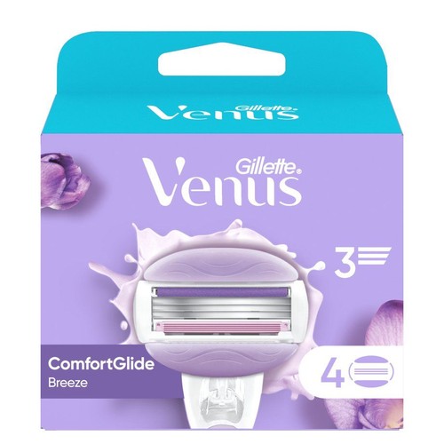 Opakowanie 4 wkładów Gillette Venus ComfortGlide Breeze. Fioletowe tło, grafika ostrza i kwiatów.