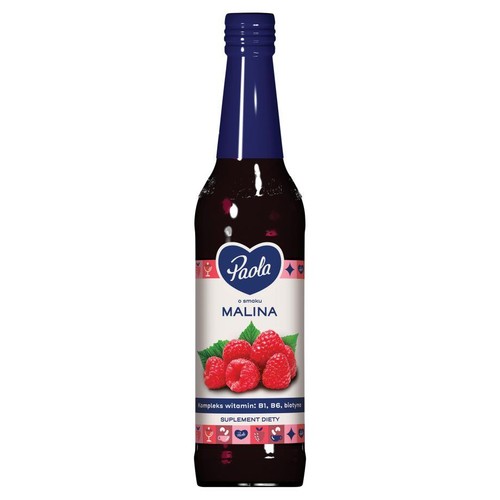 Butelka suplementu diety Paola o smaku malinowym. Na etykiecie logo Paola i grafika malin. Zawiera witaminy B1, B6, biotynę.