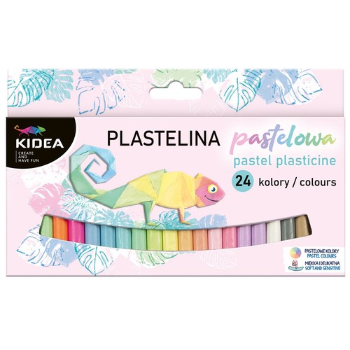 Opakowanie plasteliny pastelowej Kidea, zawierające 24 kolory. Na różowym tle z liśćmi widnieje geometryczny kameleon. Poniżej ułożone są sztyfty miękkiej i delikatnej plasteliny w pastelowych odcieniach.