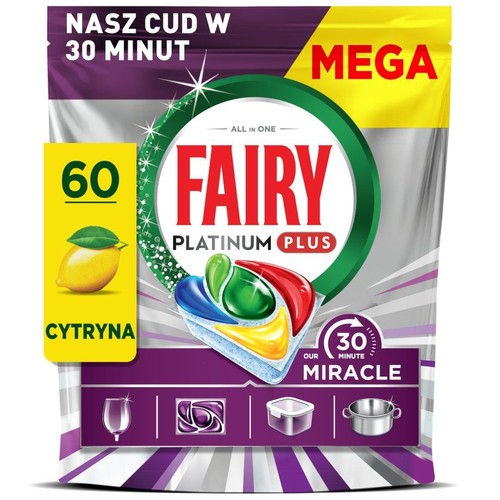 Opakowanie Fairy Platinum Plus All in One, 60 tabletek do zmywarki o zapachu cytrynowym.