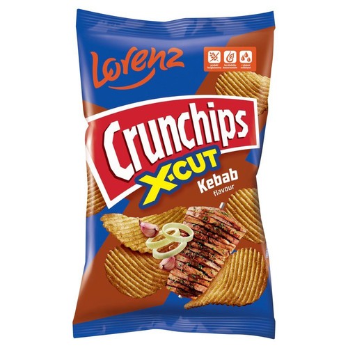 Opakowanie chipsów Lorenz Crunchips X-CUT Kebab. Widoczne faliste chipsy, grillowane mięso, krążki cebuli i ząbki czosnku.