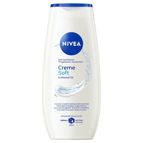 Biała butelka żelu pod prysznic Nivea Creme Soft & Almond Oil, 250 ml. Pielęgnacyjny żel do ciała.