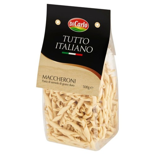 Przezroczysta torebka makaronu Di Carlo Maccheroni, 500g. Makaron z semoliny pszenicy durum.