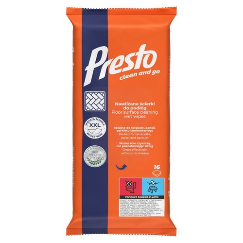 Pomarańczowe opakowanie Presto clean and go. Nawilżane ściereczki do podłóg, większe, 16 sztuk. Do terakoty, paneli, parkietu.