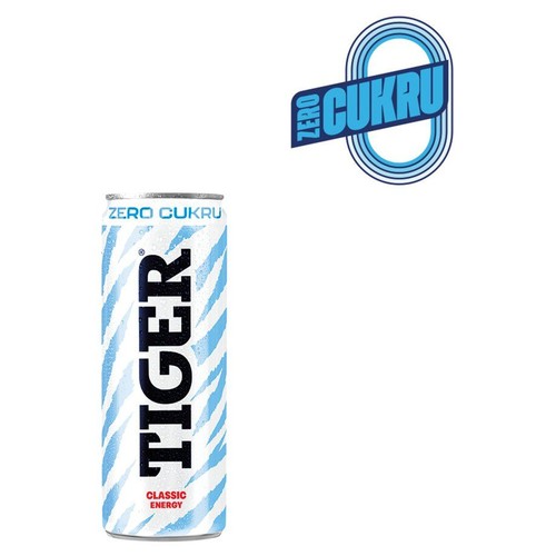 Napój energetyczny Tiger Zero Cukru w białej puszce z błękitnymi wzorami.