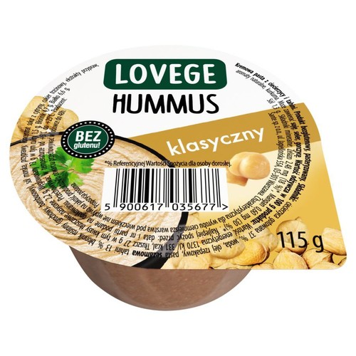 Bezglutenowy hummus klasyczny LOVEGE w brązowym pojemniku. Na wieczku grafika pasty z ciecierzycy i tahini. Waga 115 g.