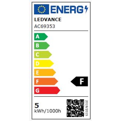 Karta efektywności energetycznej LEDVANCE, model AC69353. Produkt ma klasę energetyczną F. Zużywa 5 kWh na 1000 godzin pracy. Etykieta zawiera kod QR i jest zgodna z normą 2019/2015.